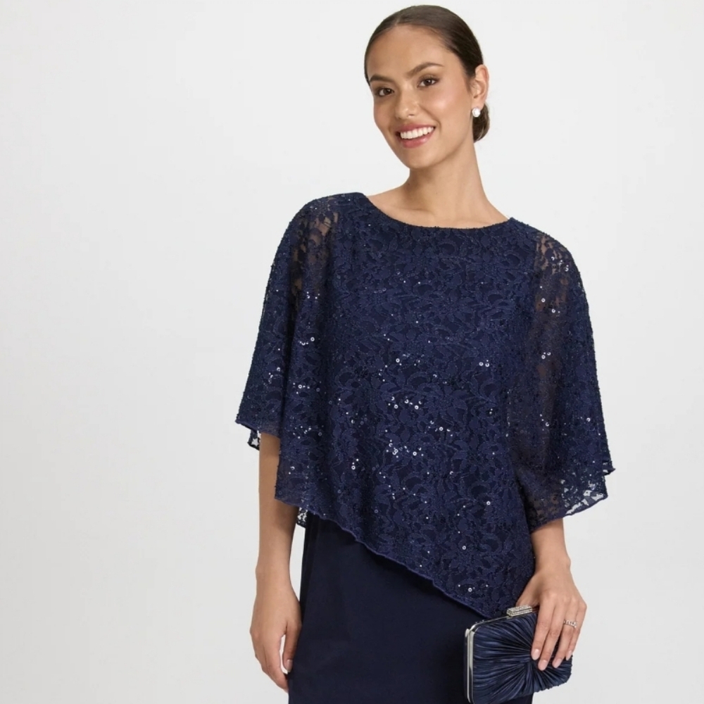 LAURA Elegant Navy Blue Dress with Sheer Cape Size 2 P